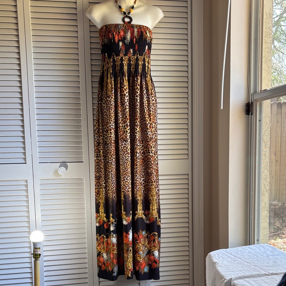 Y2K Leopard Print Strapless Beaded Halter/Tube Maxi Dress sz M NWOT